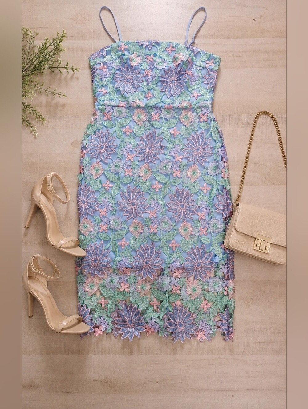 * New Pastel Embroidered Floral Lace Short Knee Cami Dress Green Pink Blue - Picture 10 of 14